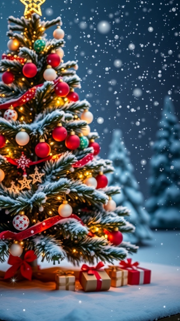 A Christmas background with a decorated tree and falling snowflakes.